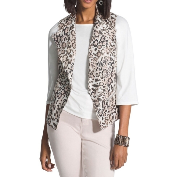 Chico's Linen Blend Leopard Print Open Front Vest Zip Pockets Shimmering - Picture 3 of 10